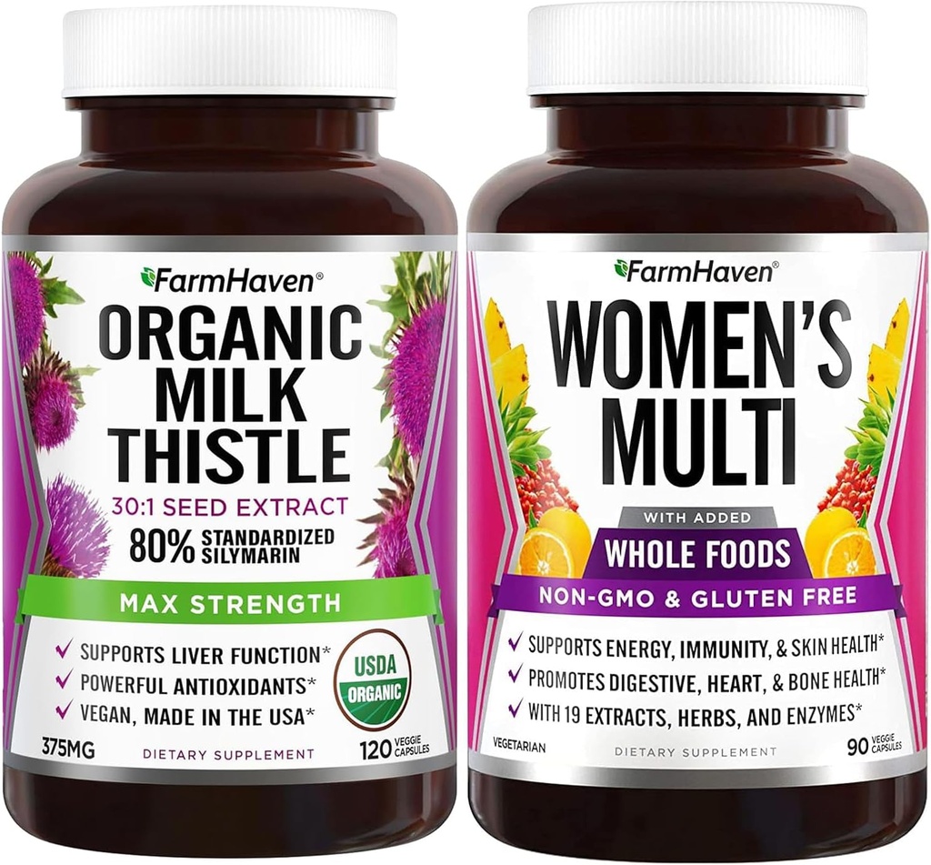 FarmHaven Milk Thistle Capsules and Multivitamin for Women | 22 Essential Nutrients, Fruits & Veggies Womens Multivitamin | 부스트 에너지, 면역, 심장 건강 번들