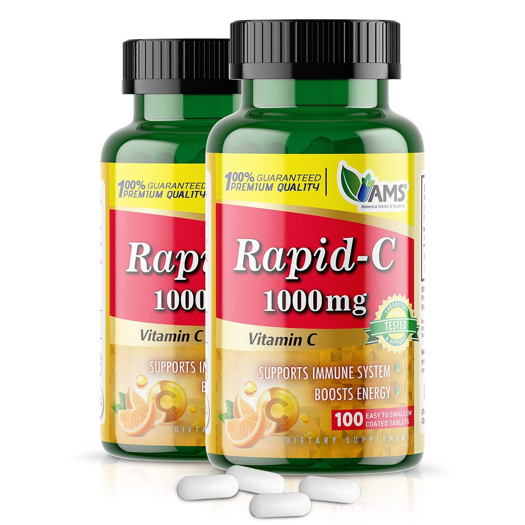 America Medic & Science Rapid-C 1000mg 비타민 C 보충교재 (2 팩 100 정제) 에너지 부스터, 매일 면역 체계 지원, 산화 방지제 | Vegan, Non-GMO는 성인 남자 & 여자를 위한 아스코르브산을 입혔습니다