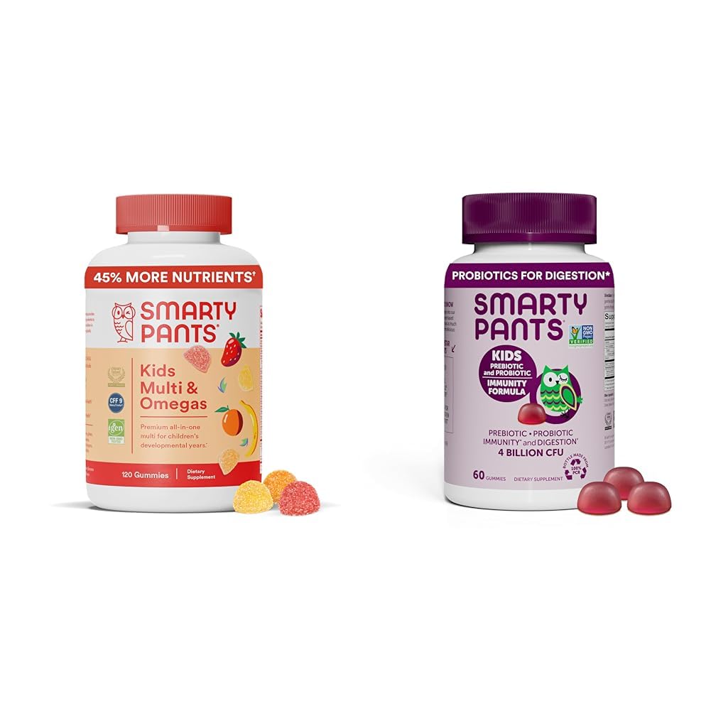SmartyPants Kids Multivitamin Gummies 및 Probiotic Immunity 번들 : 오메가 3 생선 기름 (EPA / DHA), 비타민 D3, C, 비타민 B12, B6, 소화 및 면역 지원 보충 (30 일 공급)