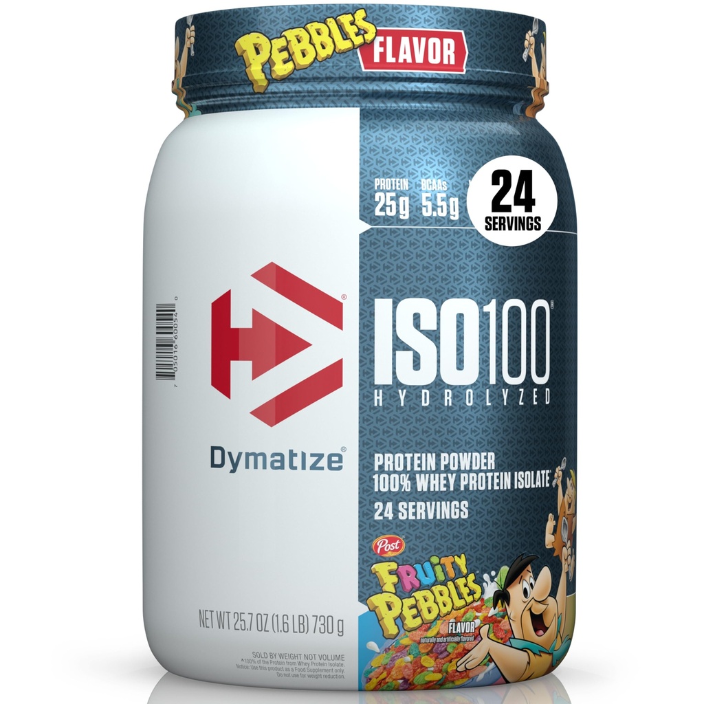 Dymatize x 과일 Pebbles ISO100 Whey Protein Powder Isolate, 단백질 25g, 20 서빙, 5.5g BCAAs, 120 Cal., 글루텐 무료, 1g 지방, 1g 설탕, 2g Carb (24 서빙)