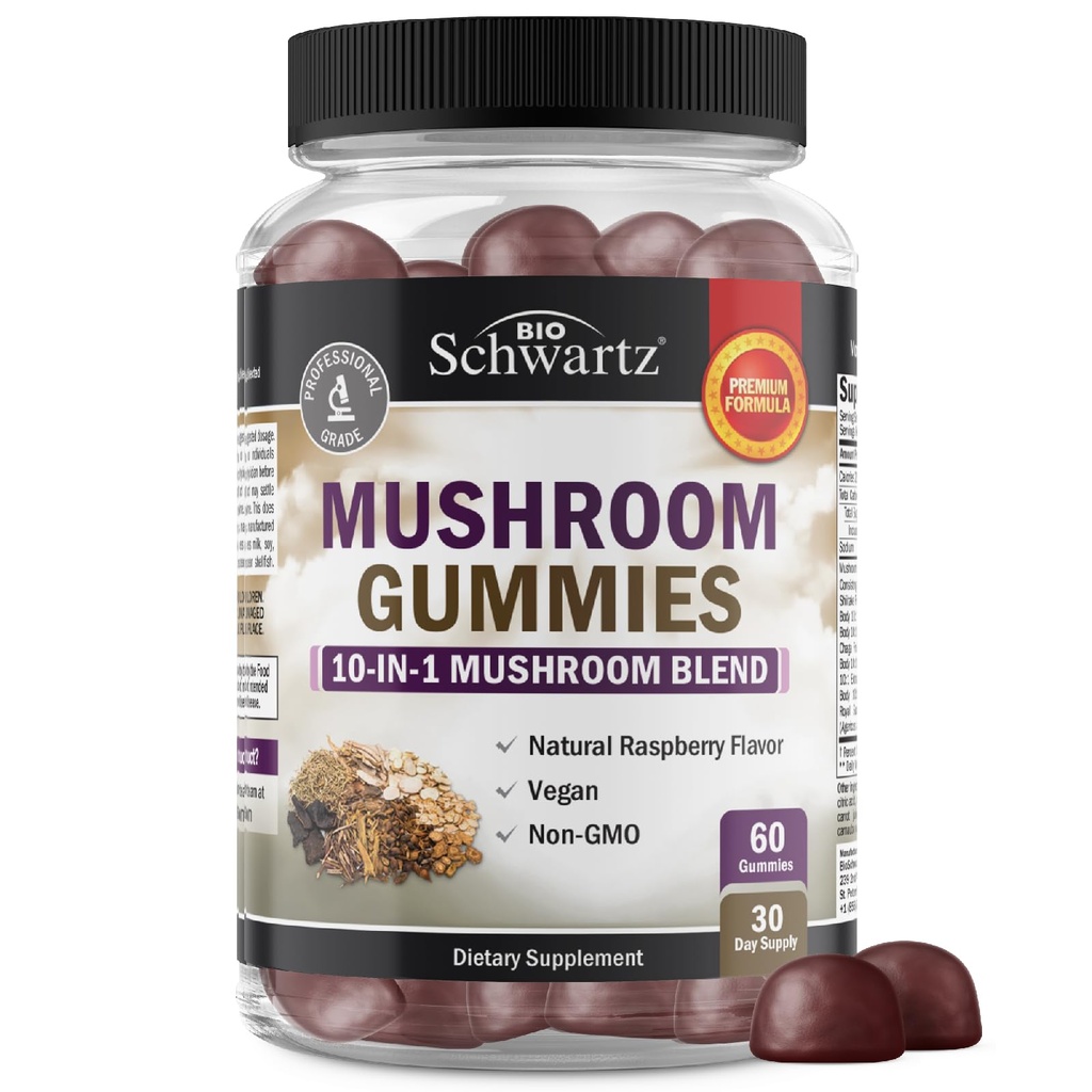 성인을위한 버섯 구미 - 10-in-1 기능 버섯 보충 Mood 및 Lions Mane 터키 테일 Cordyceps Shiitake Reishi와 초점 - Vegan, Non-GMO, 신선한 라즈베리 맛, 60 조사
