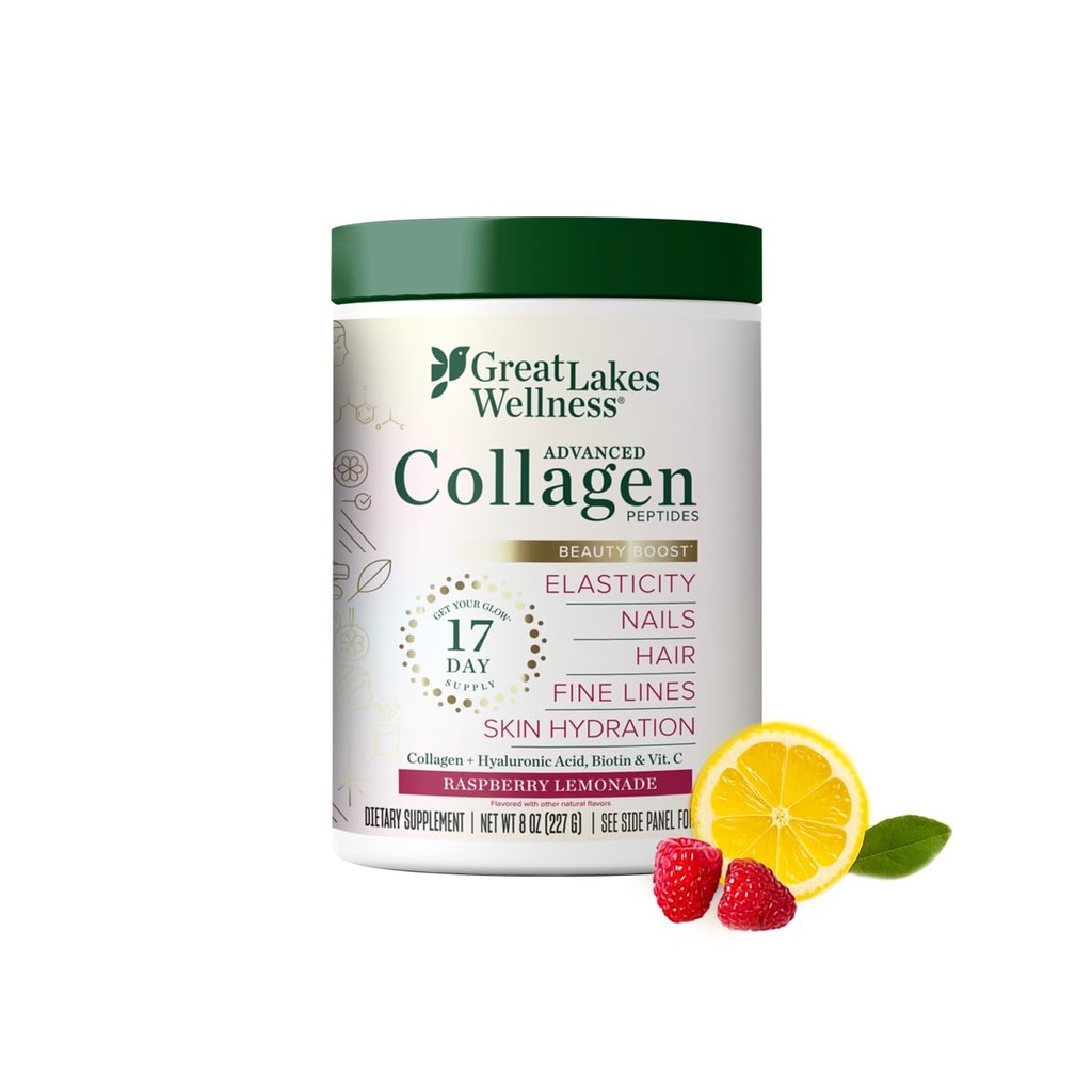 훌륭한 Lakes Wellness Beauty Boost 고급 콜라겐 펩타이드 분말 Hyaluronic 산, Biotin, 비타민 C - 피부 탄력성 및 수분 - 라즈베리 레몬 맛 - 비 GMO, Keto, Kosher - 8 oz