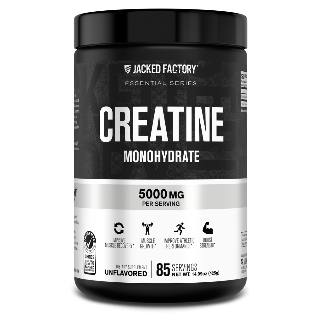 Jacked 공장 크레아틴 Monohydrate 분말 425g - 남자와 여자를 위한 5g 매일 크레아틴 보충교재, Vegan-Friendly, 제 3 자 시험되는 - 85의 서빙, 불발한