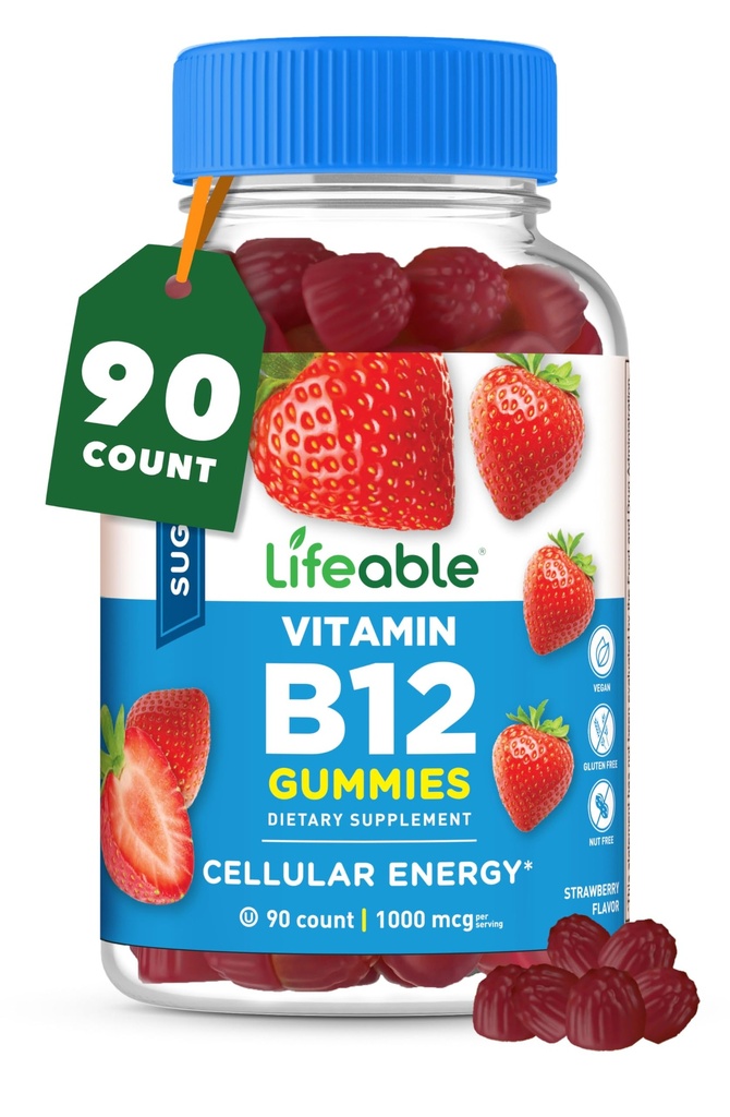 Lifeable Sugar Free Vitamin B12 Gummies | 1000 mcg | 훌륭한 Tasting B12 비타민 Gummies | 에너지, 계류 및 대사 지원 | B 12 비타민 Gummies for Men, Women, Adults | 90 구미