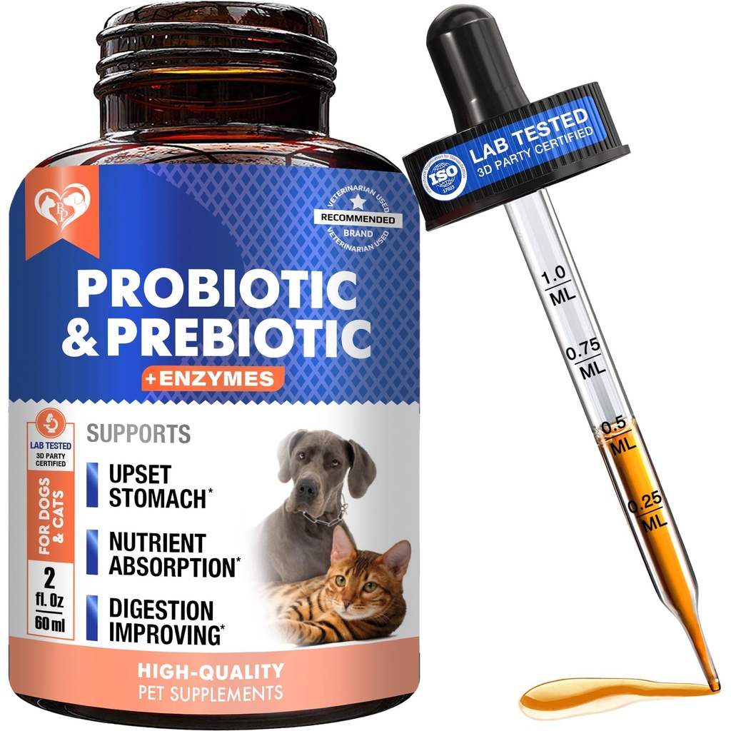 Probiotics & Prebiotics with Enzymes for Dogs and Cats - 소화 Gut Flora 건강 애완 동물 식품 보충제 - 변비 및 Diarrhea 및 Gas Home Remedy - Upset Stomach Relief - 미국에서 제조