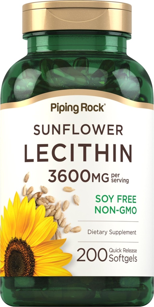 Piping Rock Sunflower Lecithin Softgel 캡슐 | 3600 mg | 200 Count | 인스파티딜린 | 소이 프리, 비 GMO, 글루텐 프리