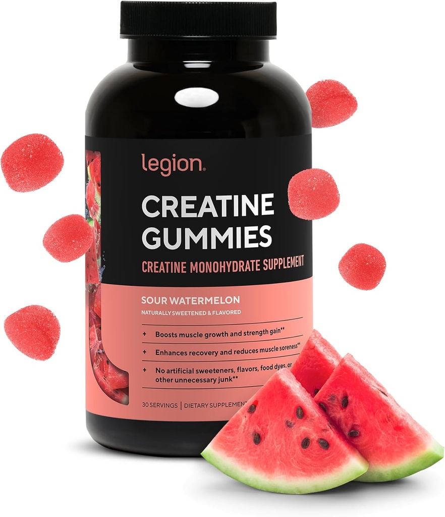 LEGION 크레아틴 Monohydrate Gummies – 힘, 내구시간 및 근육 회복을 위한 청결한 Chewable 크레아틴 보충교재 – 30 Sour Watermelon 맛 서빙 – 인공 풍미 또는 감미료 없음