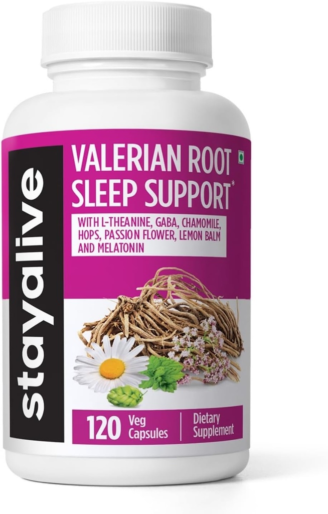 STAY ALIVE Valerian 뿌리 캡슐, 8-in-1 추출물 w/Melatonin, 열정 꽃, L-Theanine, 레몬 발름, 홉스 꽃, Chamomile & GABA, 120 Valerian 알약, 비 GMO & 글루텐 자유로운 자연적인 수면 보충교재