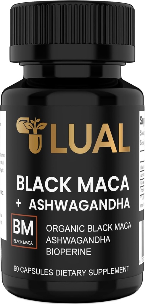 LUAL 30,000mg 30x 힘 Ashwagandha를 가진 유기 까만 Maca 뿌리 - 남자를 위한 가장 높은 잠재적인 까만 Maca 뿌리 캡슐 - 100% 순수한 Maca Peruana 분말 유기, 젤라틴화된, 비 GMO - 60 알약