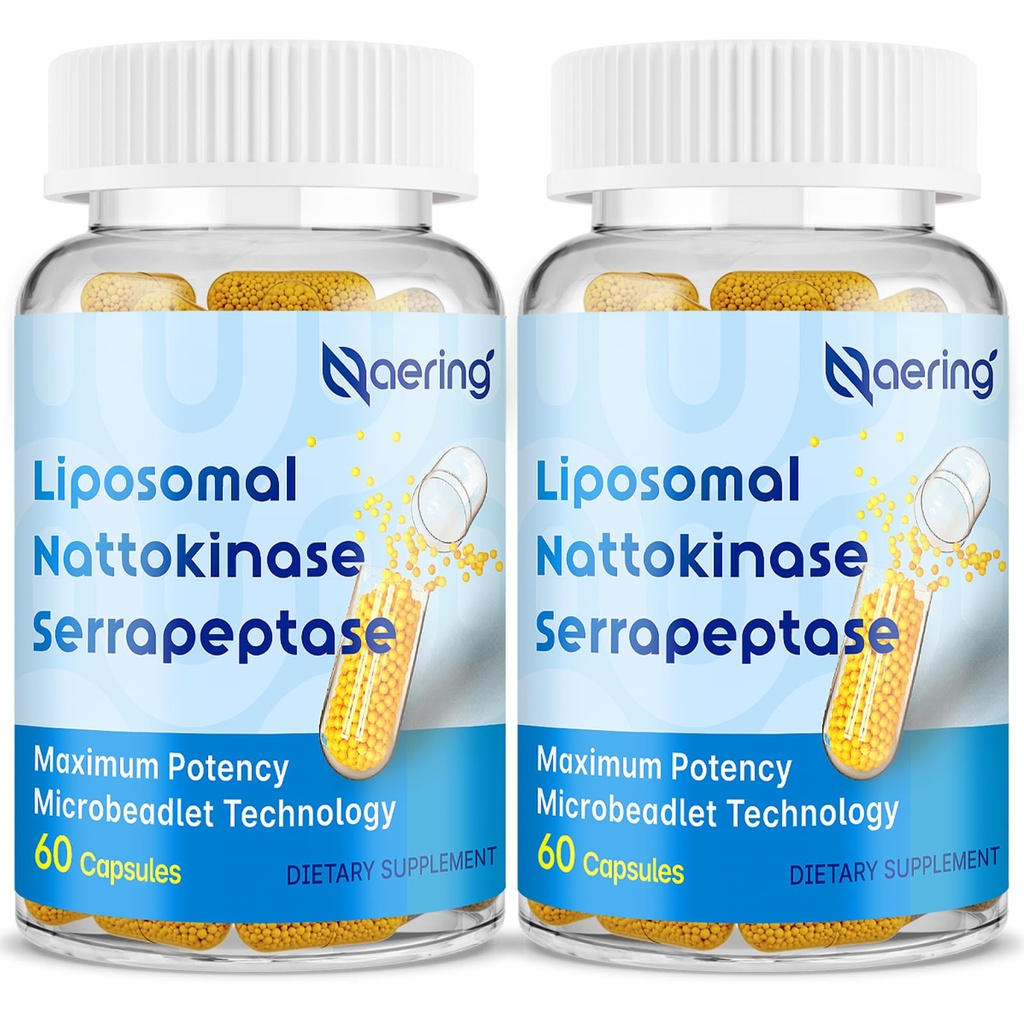 Liposomal Nattokinase 12,000 FU Serrapeptase 360,000 SPU Enzyme 보충교재 - Synergistic 효소와 영양 혼합 & Inulin, Gut, Digestion 60 캡슐 (2 병)