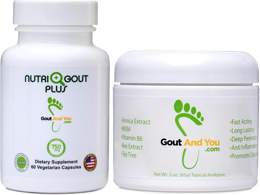 NutriGout Plus Uric Acid Support 및 Arnica 추출물이있는 치료 완화 Topical 크림