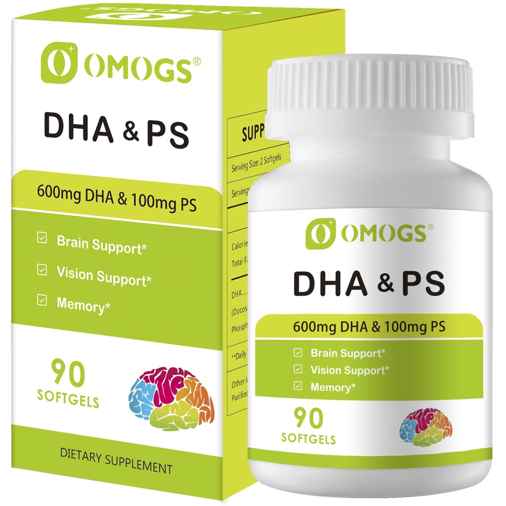 OMOGS 조류 DHA - 600 mg Omega-3 DHA Softgels, Phosphatidylserine & Walnut 기름과 함께, 건강한 두뇌 기능, 시각, 눈 & 기억, 글루텐 자유로운, 비 GMO Vegan 조류 기름, 90 Softgels를 지원합니다