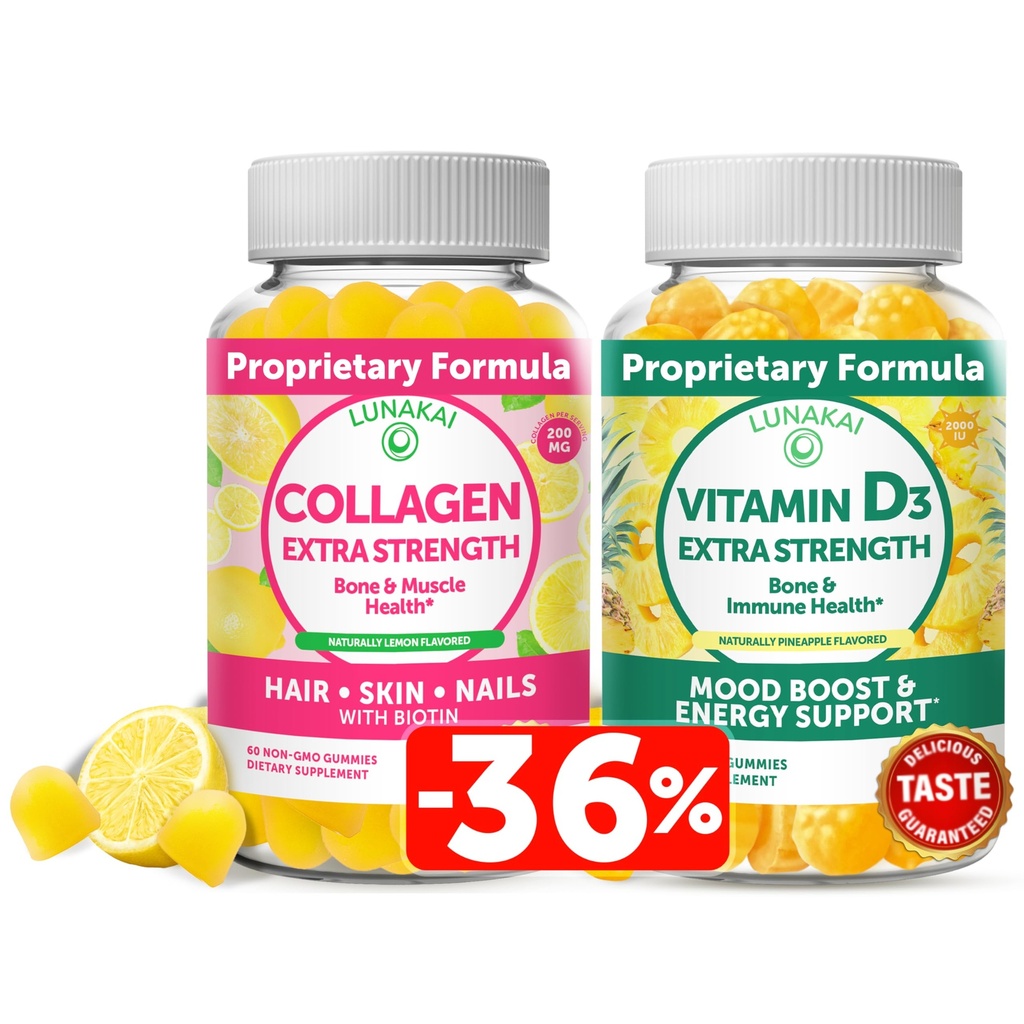 Lunakai Collagen 및 비타민 D3 Gummies 번들 - 남성 및 여성을위한 비 GMO 노화 방지 보조제 - 면역, 뼈 및 무드 지원 미끼 - 30 일 공급