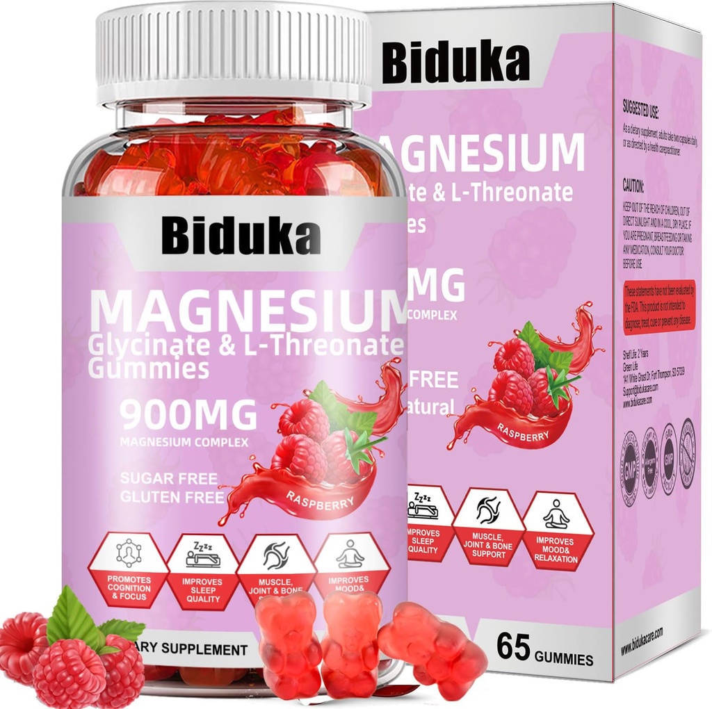900mg 마그네슘 복합 단지 65 라즈베리 Gummies, 설탕 무료 마그네슘 글리세라이드 & 비타민 D, B6, 휴식을위한 CoQ10와 L-Threonate 칼륨 보충