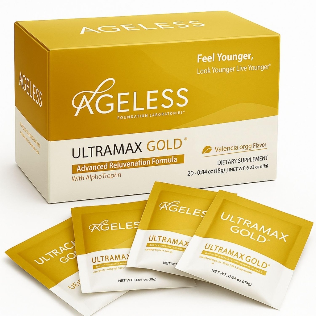 Ageless UltraMAX Gold - 여성 및 남성을위한 HGH 노화 방지 보충교재 - 피부 회춘, 젊음 외관, 부스트 에너지 및 수면, Effervescent Powder - Valencia Orange flavor - 22 Packets