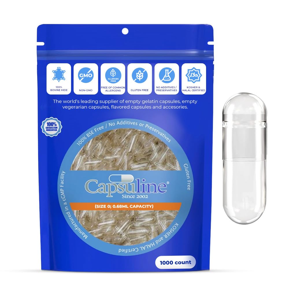 Capsuline 크기 0 빈 젤라틴 캡슐, 지우기 - 1000 개 | 글루텐 무료, 고셔, 비 GMO 인증 | DIY 보충 충전을위한 순수한 붕대 알약 캡