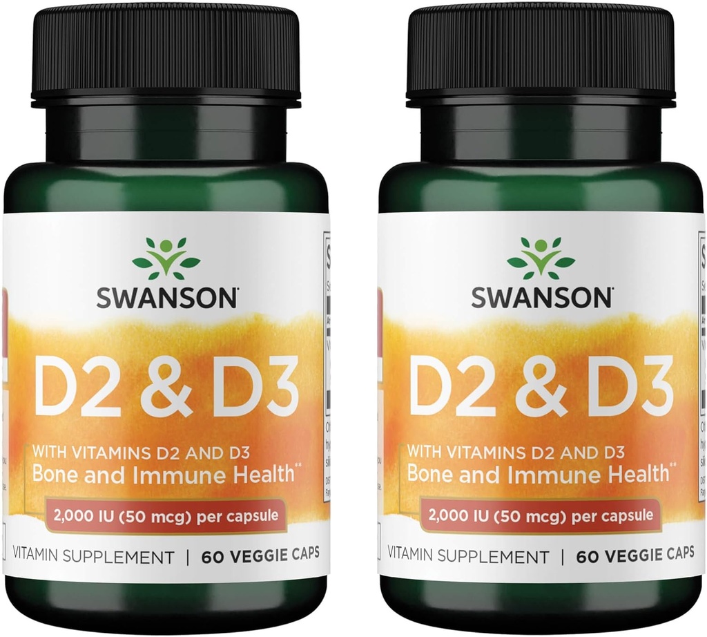 Swanson Vitamin D Complex 비타민 D2 & D3 - 뼈, 치과 및 면역 건강을위한 완벽한 선샤인 비타민 복합체 - 비타민 보충 (50 mcg, 60 Veggie 캡슐) (2 팩)