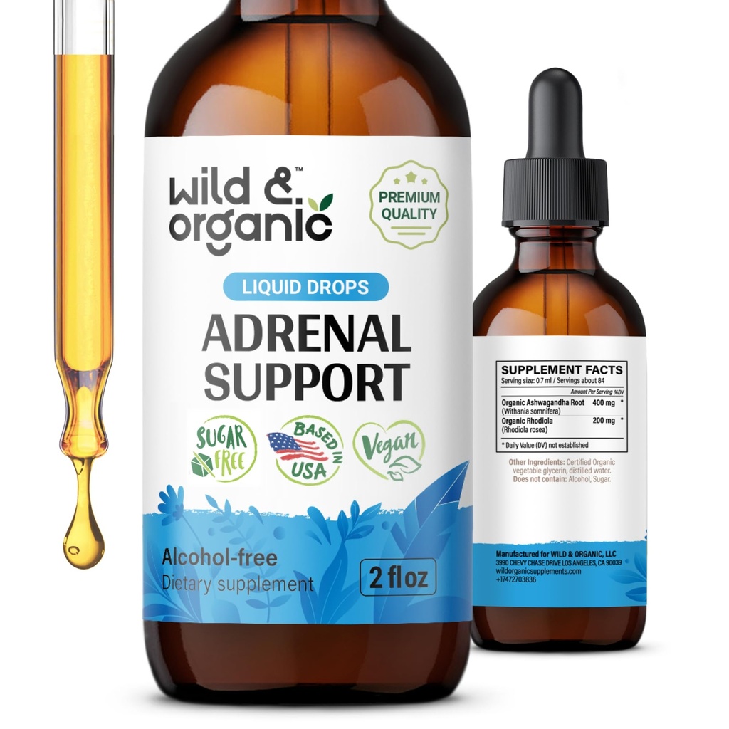 긍정 전망을위한 야생 & 유기 광고 지원 공 - Ashwagandha, Rhodiola Rosea Root와 Adrenal Complex - 1 개월 공급 - Vegan, No Sugar & Alcohol - 2 fl oz