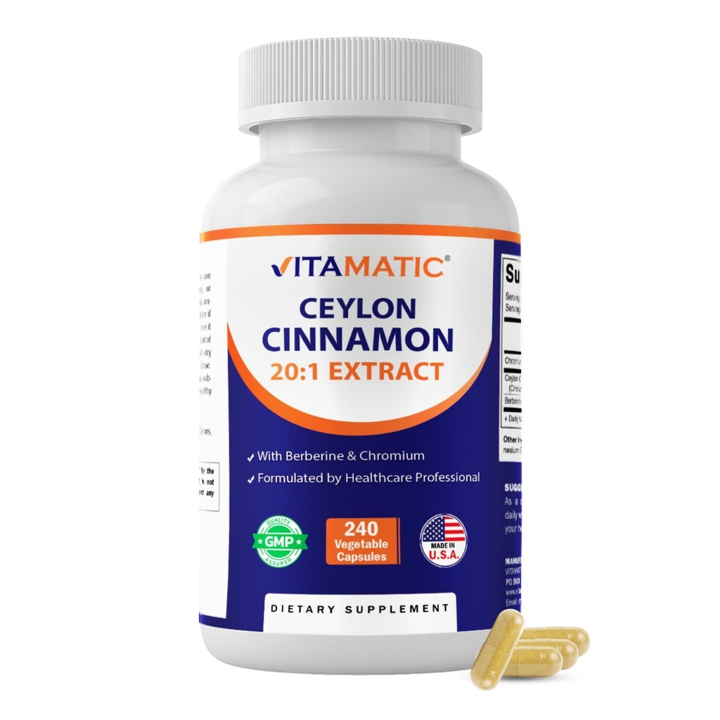 Vitamatic Ceylon Cinnamon 10000 mg는 봉사 당 동등합니다 (20:1 추출물 500 mg에서) Berberine & Chromium - 240 식물성 캡슐 - 비 GMO & 글루텐 자유로운