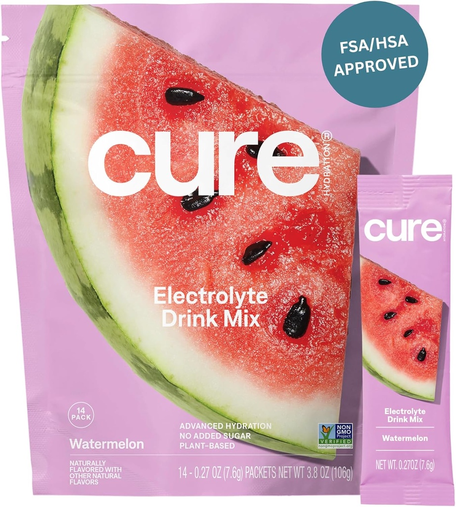 Cure Hydration | 식물 기반 전해질 음료 믹스 | 추가 설탕 | FSA-HSA | 코코넛 워터로 만든 탈수 릴리프 파우더 | 비 GMO | Vegan | 파우치 14개