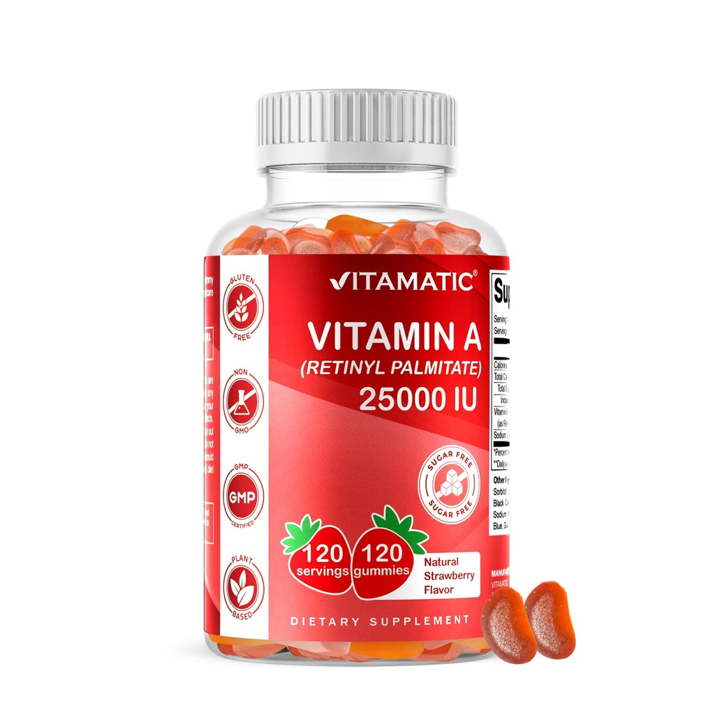 비공식 설탕 무료 비타민 A 25000 IU Gummies (Retinyl Palmitate) - 자연적인 딸기 풍미 - 120 Pectin 기반 구미 (1 병)