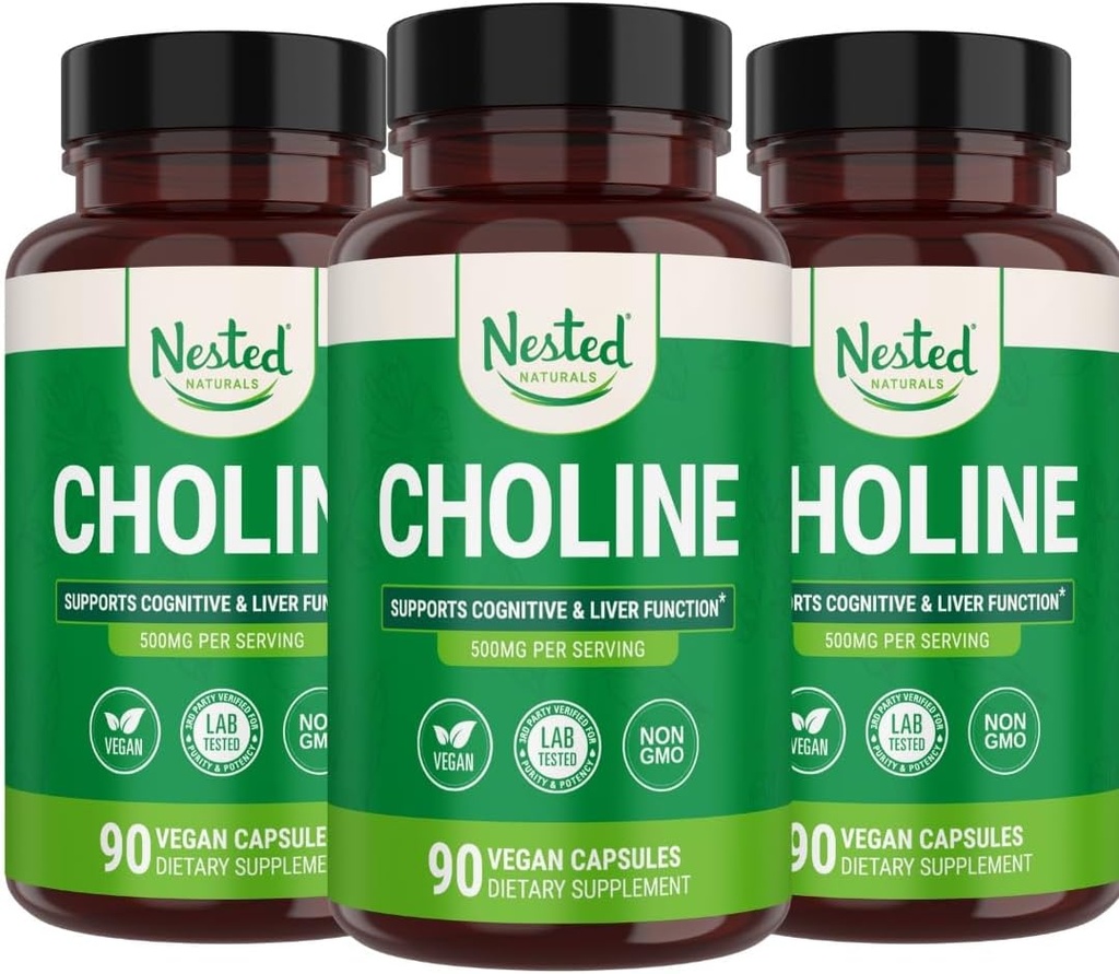 Nested Naturals Choline Bitartrate 500mg | 고출력 콜린 보조제 | 고분자 기능 지원 | 100% Vegan & Non-GMO | (3-Pack)