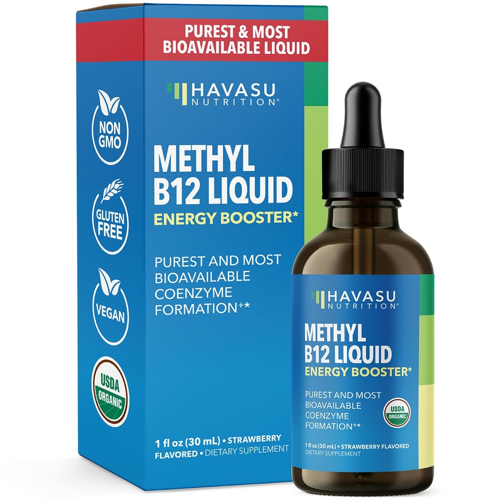 USDA 유기 비타민 B12 액체 하락 - 강화된 에너지와 신경 체계 지원을 위한 Methylcobalamin - 30의 서빙 - 흡수를 위해 높게 생물 가능 - 비 GMO, Vegan, 딸기 풍미, 1개 Fl Oz