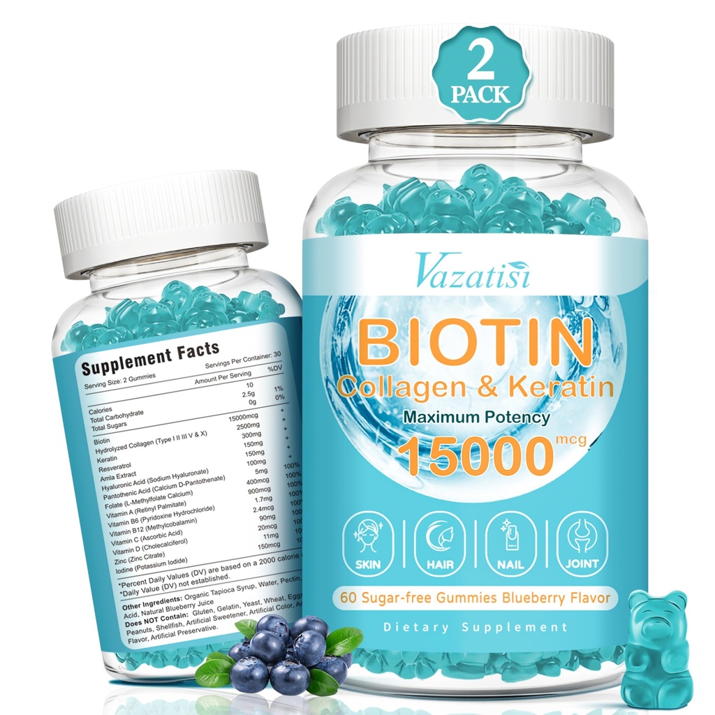 B12, 헤어 스킨, 네일 비타민과 비타민 Gummies 모발 성장, Glowing Skin & Strong Nails - 블루 베리 맛, 설탕 무료, 120 Ct