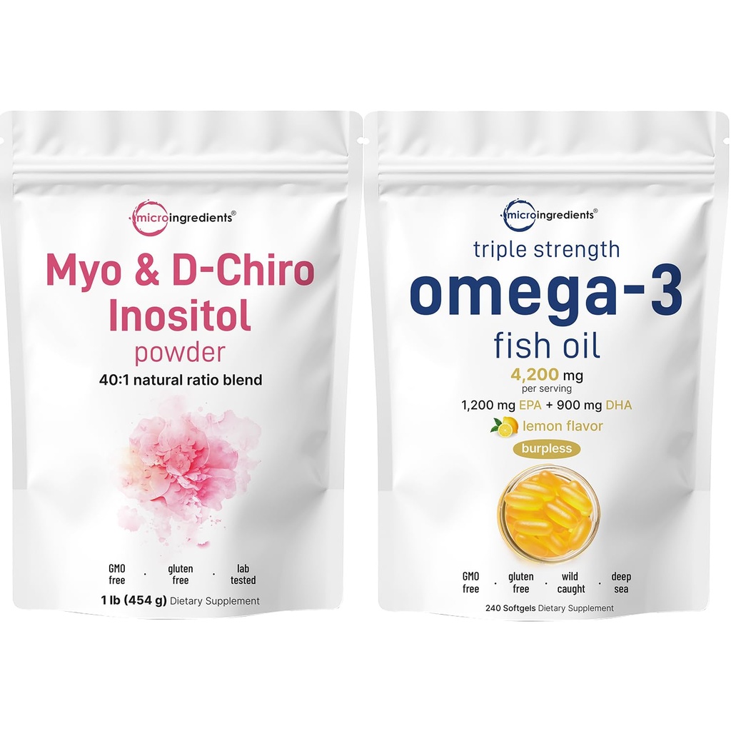 마이크로 성분 Omega-3 물고기 기름 4,200 mg Softgels & Myo & D-Chiro Inositol 분말 뭉치 2 팩 | 야생 잡힌 물고기, 레몬 맛, Burpless | 여성용 Inositol 보충교재