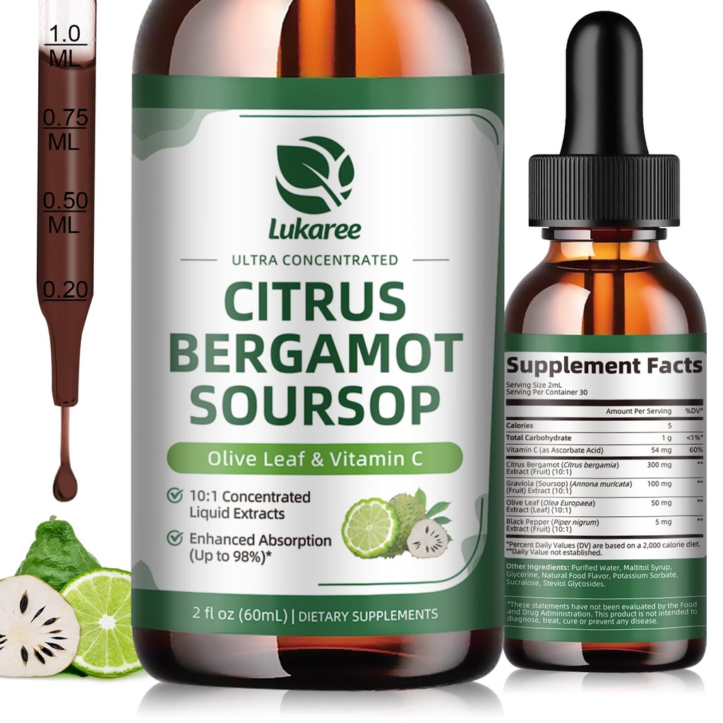 Citrus Bergamot Liquid Drops - Soursop, Red Yeast Rice, Garlic, Olive Leaf, Black Pepper - 높은 흡수 - 전체 웰빙 지원 * - Soursop Bitters Liquid, 2 Fl Oz