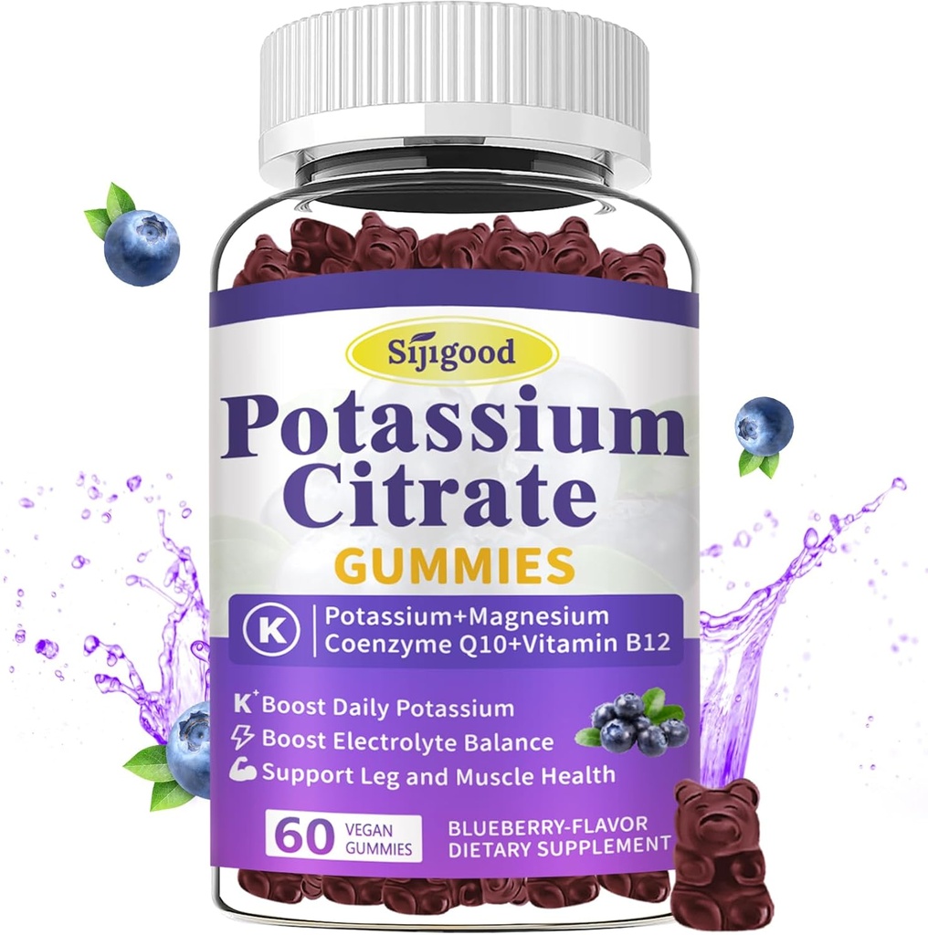 칼륨 구연산염 Gummies – 근육 건강을 위한 칼륨 보충교재, 다리 주름 기복 & Electrolyte 균형, Vegan, 비 GMO, 글루텐 자유로운, 블루베리 풍미, 60 조사