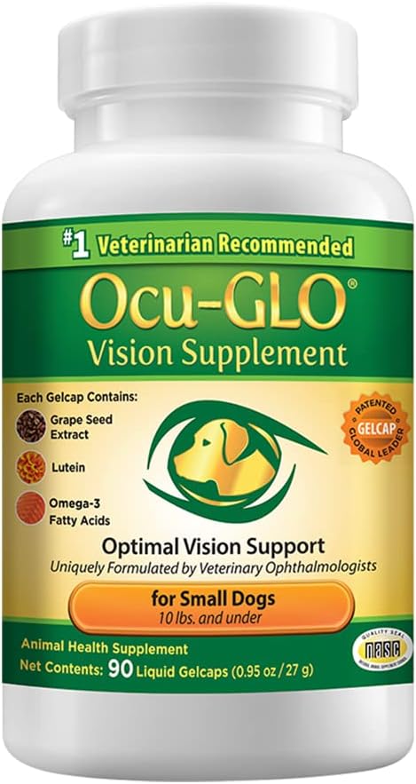 작은 개를위한 Ocu-GLO 비전 보충 - Lutein, Omega-3 지방산, 포도 추출물 - 개에 최적화 된 눈 건강 및 비전 지원 - Canine Ocular 건강을위한 산화 방지제 - 90ct SNIP CAPS