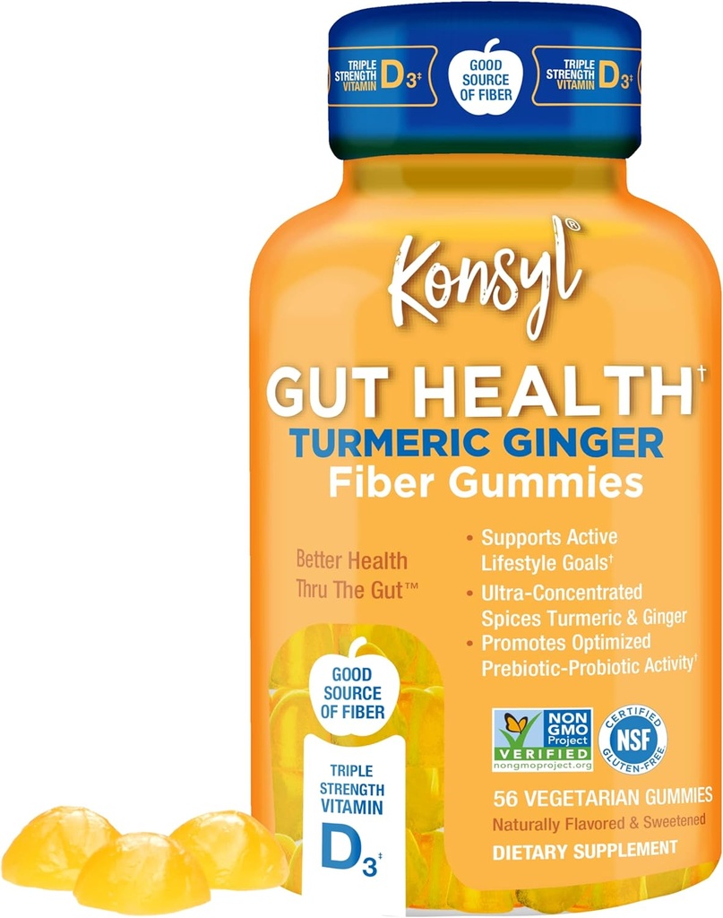 Konsyl Gut 건강 Turmeric Ginger 섬유 Gummies - 지원 소화 건강 + - 성인 56 조사를 위한 채식 섬유 보충교재 Gummies
