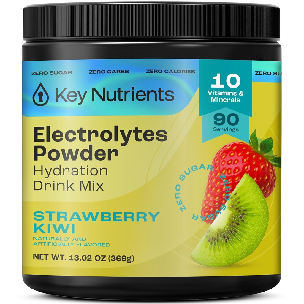 KEY NUTRIENTS Multivitamin Electrolytes Powder No Sugar - Juicy Strawberry Kiwi Electrolyte Powder - 내구시간 및 에너지 보충 - 하이드로 션 파우더 - 열량 없음 - 90 서빙 - 미국에서 제조
