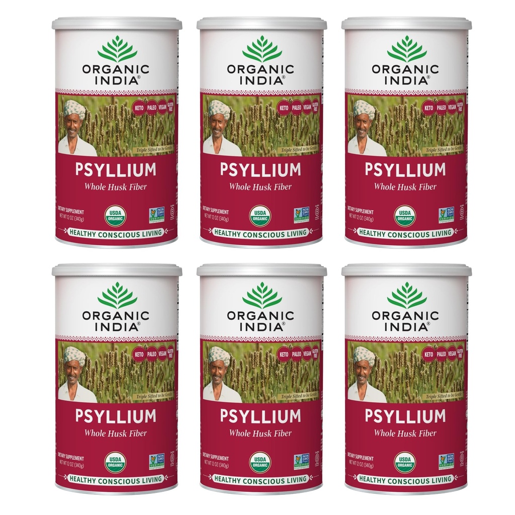 ORGANIC INDIA Whole Psyllium Husk 분말 유기 - Psyllium Husk 섬유 보충교재, 소화 지원, Vegan, 글루텐 자유로운, 비 GMO, 수용성 & 불용성 섬유 근원 - 12 oz Canister, 6 팩