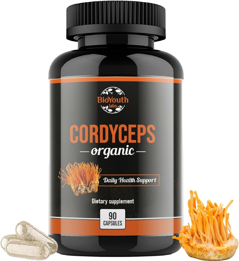 Cordyceps 유기식 보충교재 - Cordyceps Militaris, 임상적으로 역행된, 비 GMO & Allergen-Free를 가진 자연 에너지 부스트와 호흡 건강 지원 | 90의 캡슐