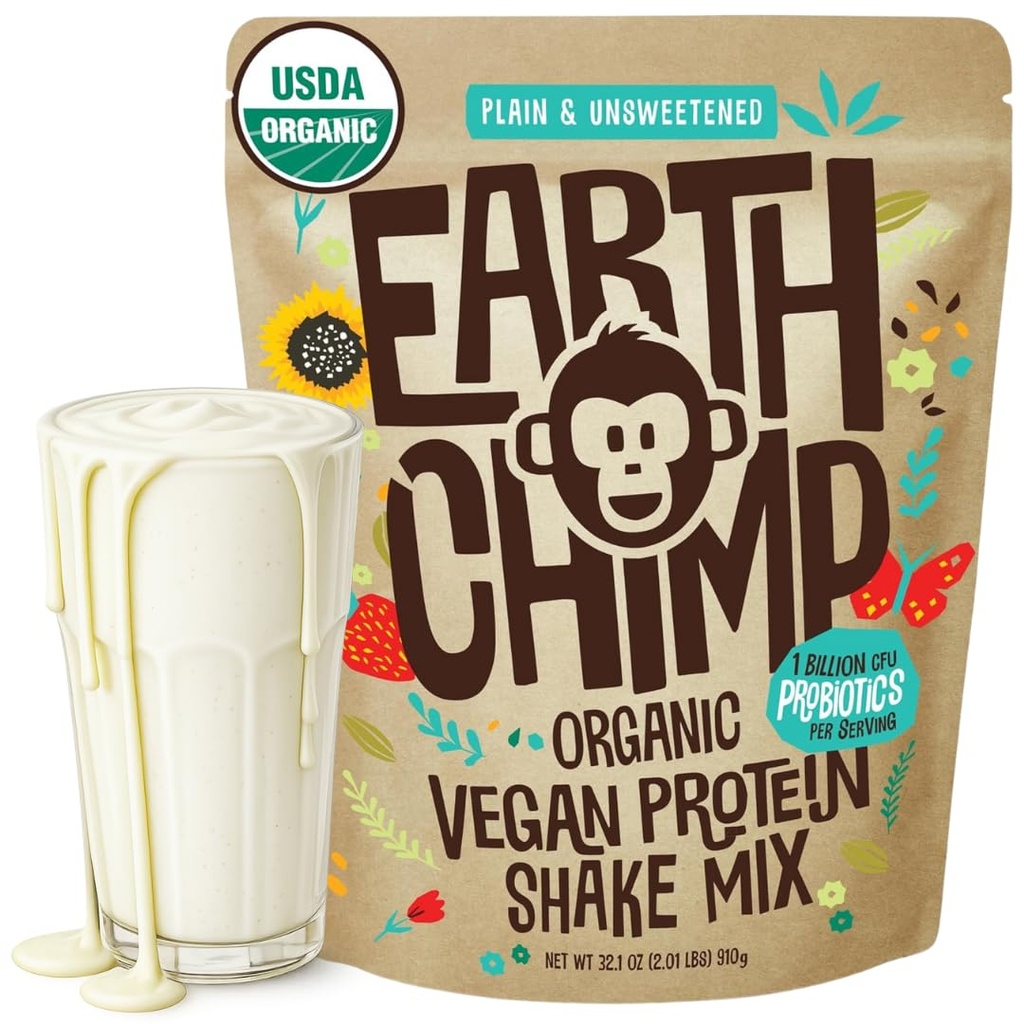 EarthChimp Organic Vegan Protein Powder - Probiotics - Non GMO, Dairy Free, Non Whey, 여성 및 남성을위한 식물 기반 단백질 분말, 글루텐 무료 - 26 서빙 32 Oz (Plain & Unsweetened)