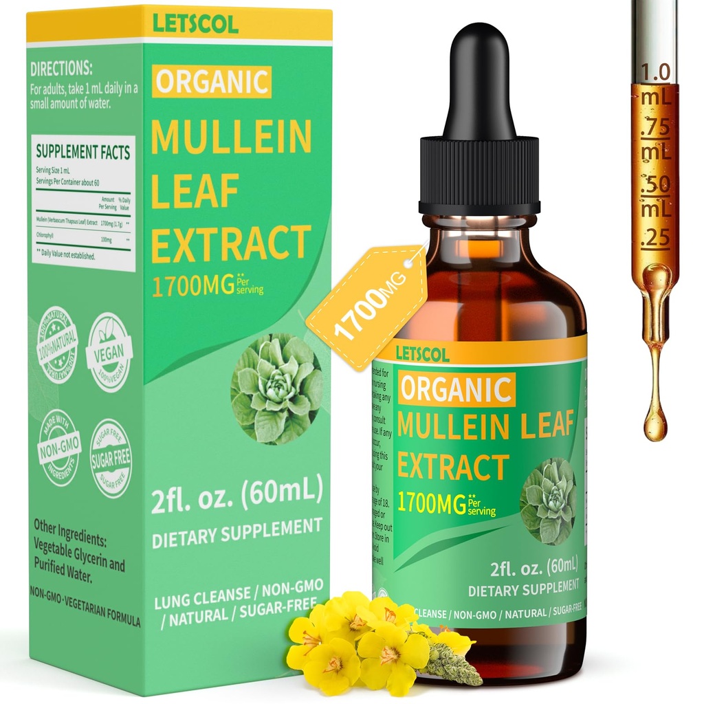 Lung Cleanse, Immune & Respiratory Support, Natural Mullein Supplement Tincture Drops Non-GMO & Vegan, 2 Fl Oz 용 강력한 1700mg Mullein 잎 추출물