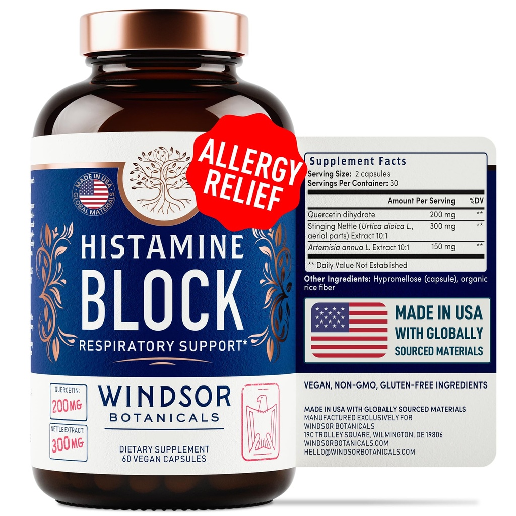 알레르기를위한 Histamine 차단제 - Quercetin, Sting Nettle Flavonoids Natural Antihistamine Tablets - 알레르기 완화 보조 식품 & 성인을위한 항히스타민 - 60 Vegan Histamine Block Capsules