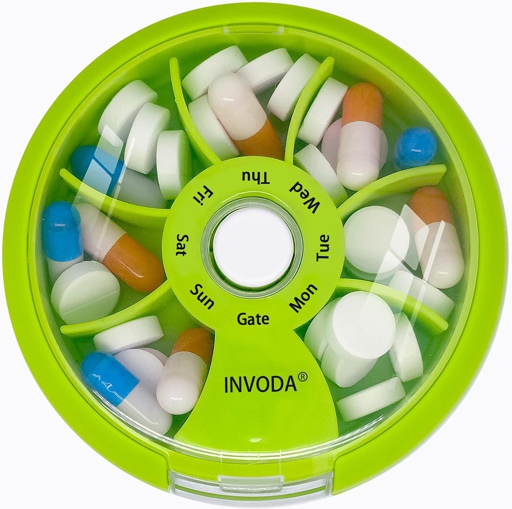 INVODA Weekly Pill 주최자 7 Compartment Rotating Pill Box for Daily Medication & Vitamins - 휴대용 여행 Pill Case Fish Oil Supplements 비타민 주최자 (오렌지)