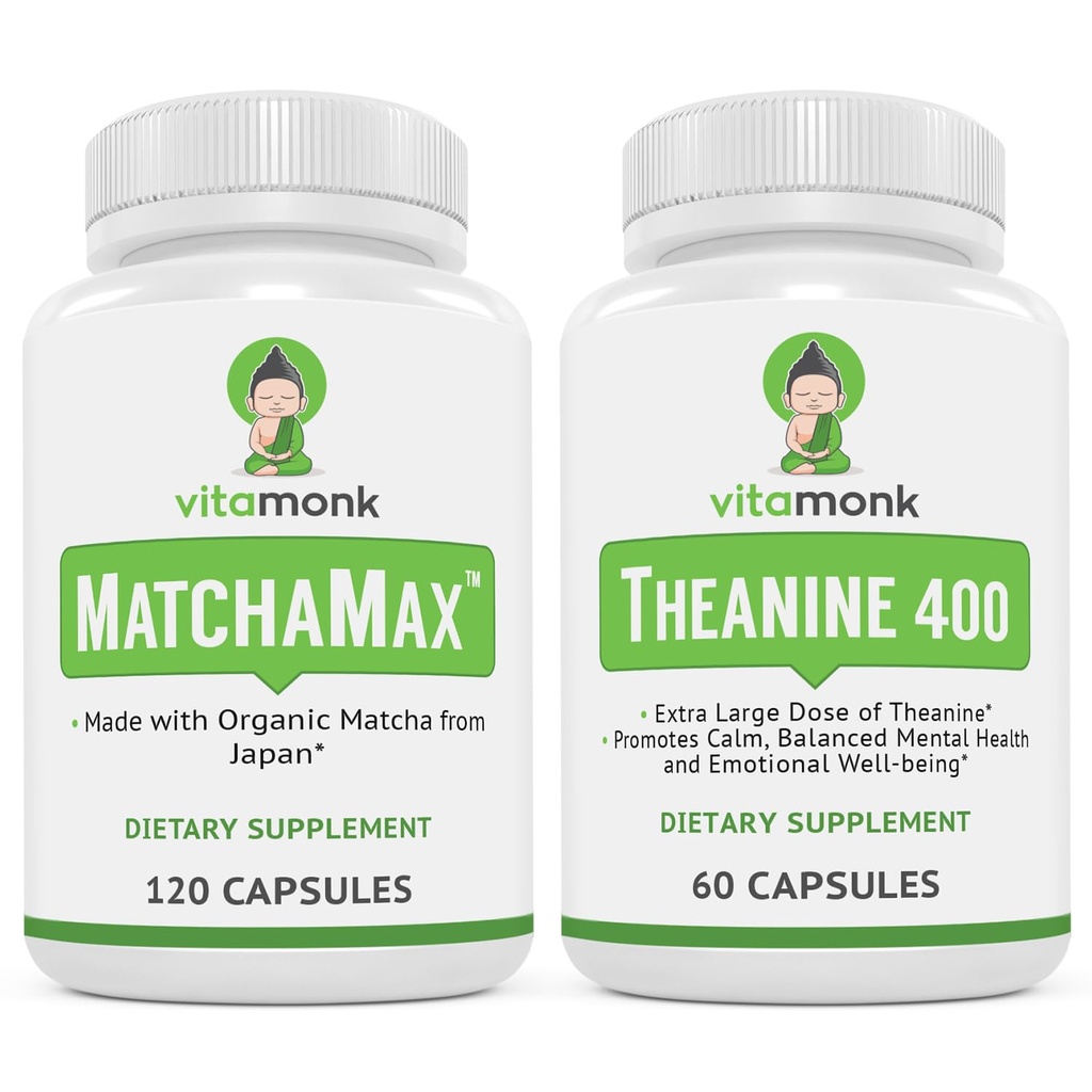 VitaMonk MatchaMax Matcha 캡슐 & L-Theanine 400mg - 에너지와 강화 초점 뭉치