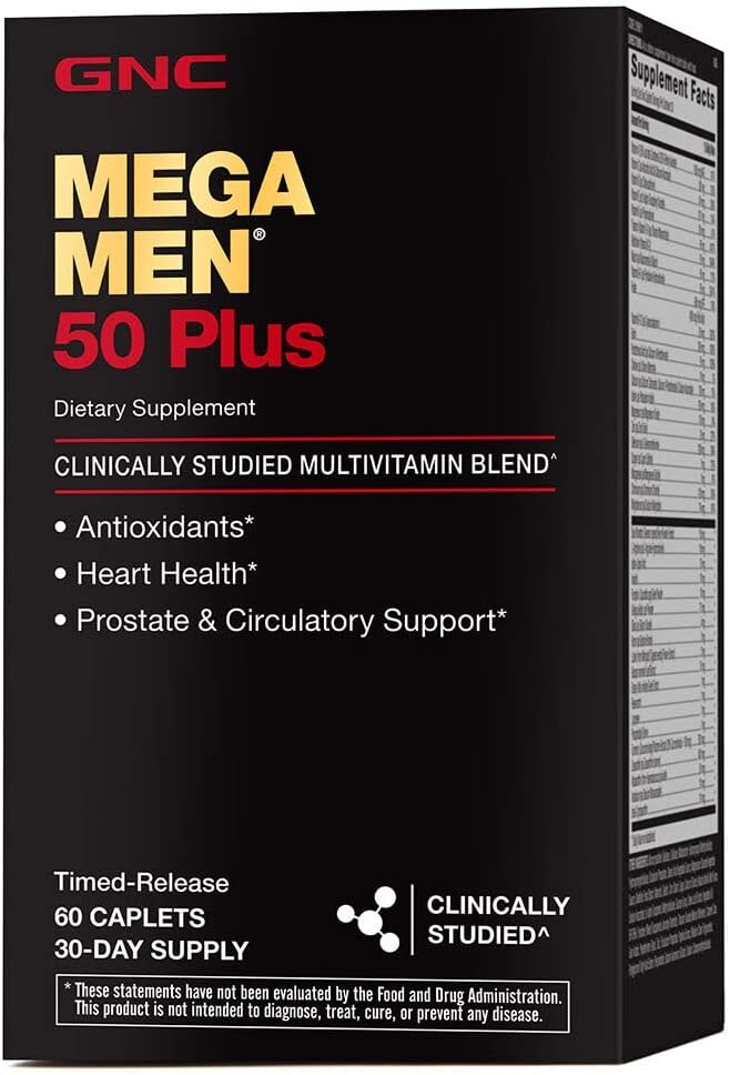 GNC 메가 남자 50 플러스 Multivitamin 캡슐, 임상적으로 입증, 심장 & 전립선 건강, B 비타민, 톱 팔로토, 기억, 비타민 D-3, 60 조사