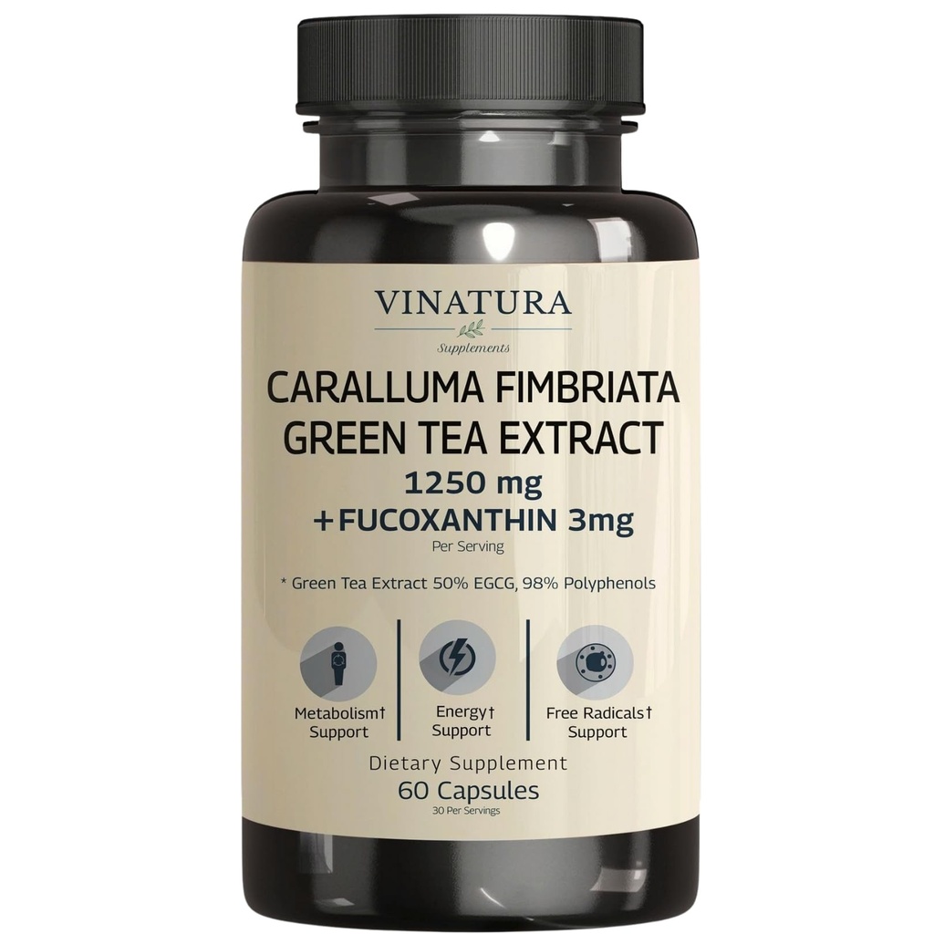 VINATURA Caralluma Fimbriata, EGCG 45% 추출물 1250mg + Fucoxanthin 3mg 서빙 당 *USA Made & Tested* Immune 지원, 에너지 및 정신 초점 - 60 캡슐 30 서빙