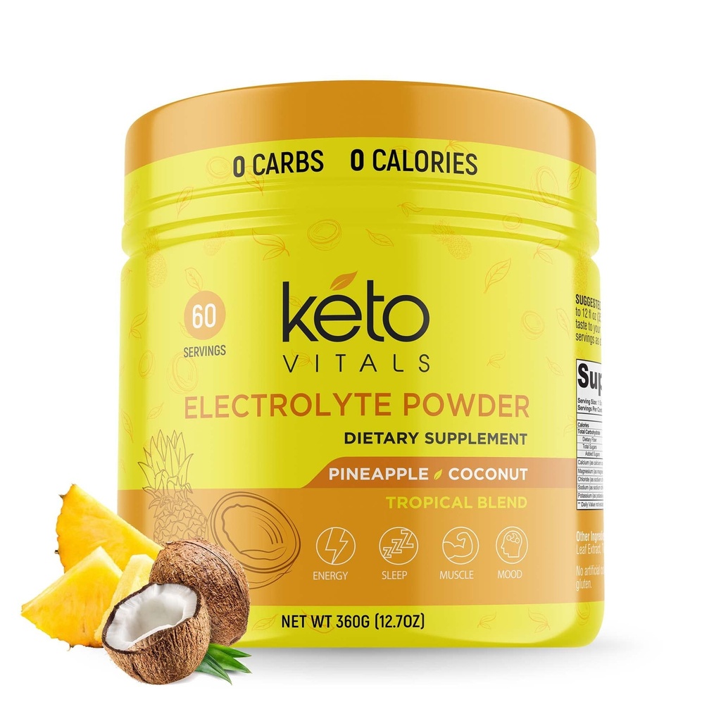 Keto Vitals Electrolytes 분말 - 설탕 무료 Keto 칼륨, 마그네슘, 나트륨, & 칼슘과 전자 lytes 분말 - 설탕 Electrolyte 음료 혼합 & Hydration 분말, 60 서빙, 파인애플 코코넛