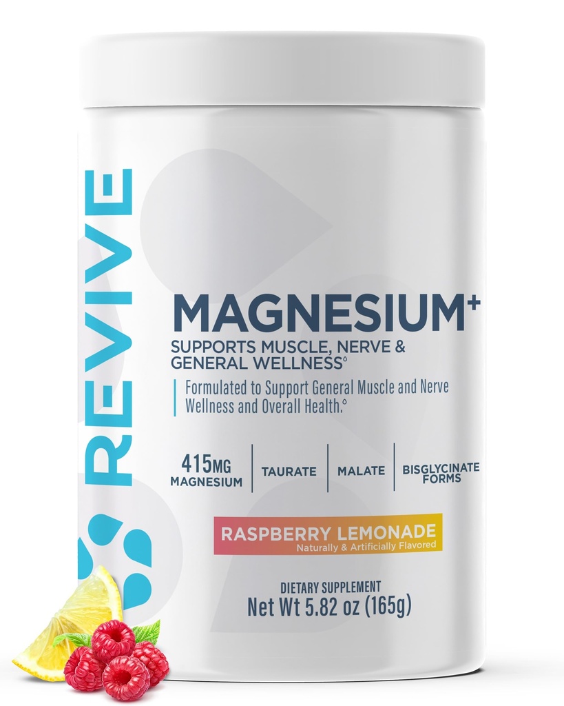 Revive MD 마그네슘 분말 보충교재 - 마그네슘 탄산염 & 타우레이트 분말 음료 지원 건강한 뼈, 근육, & 나프 - Vegan-Friendly, 글루텐 자유로운 & Soy 자유로운 (Raspberry Lemonade, 30의 서빙)