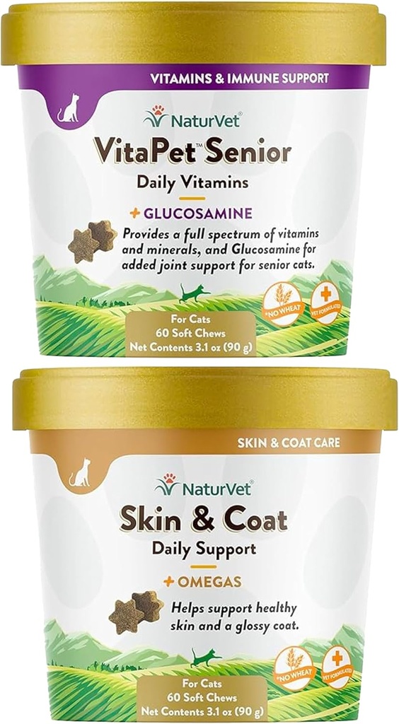 NaturVet – 고양이를위한 스킨 & 코트 플러스 오메가 – 60 소프트 체스 | 지원 건강한 피부 & 광택 코트 | & VitaPet Senior Daily Vitamins for Cats, Essential Minerals, 90 g, 60 Count