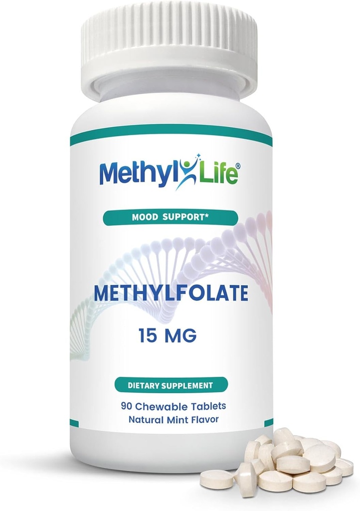 Methyl-Life® L-Methylfolate 여성 및 남성 15 mg – 초음파 Cerebrofolate® (L-5-MTHF 칼슘)와 활성 Folate 보충 – 높은 생체 이용성 B9 지원 – 맛 있는 Chewable 정제 | 90 조사