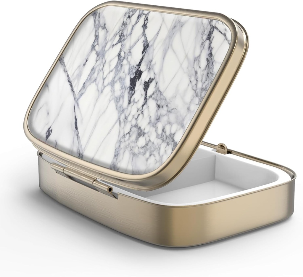 Pill Case Pill Box with Mirror Retro 2 Compartment Purse 또는 포켓 청동 직사각형 알약 상자 또는 비타민, 생선 기름, 보충제, Pill Containe 여행 선물 (흰 대리석)