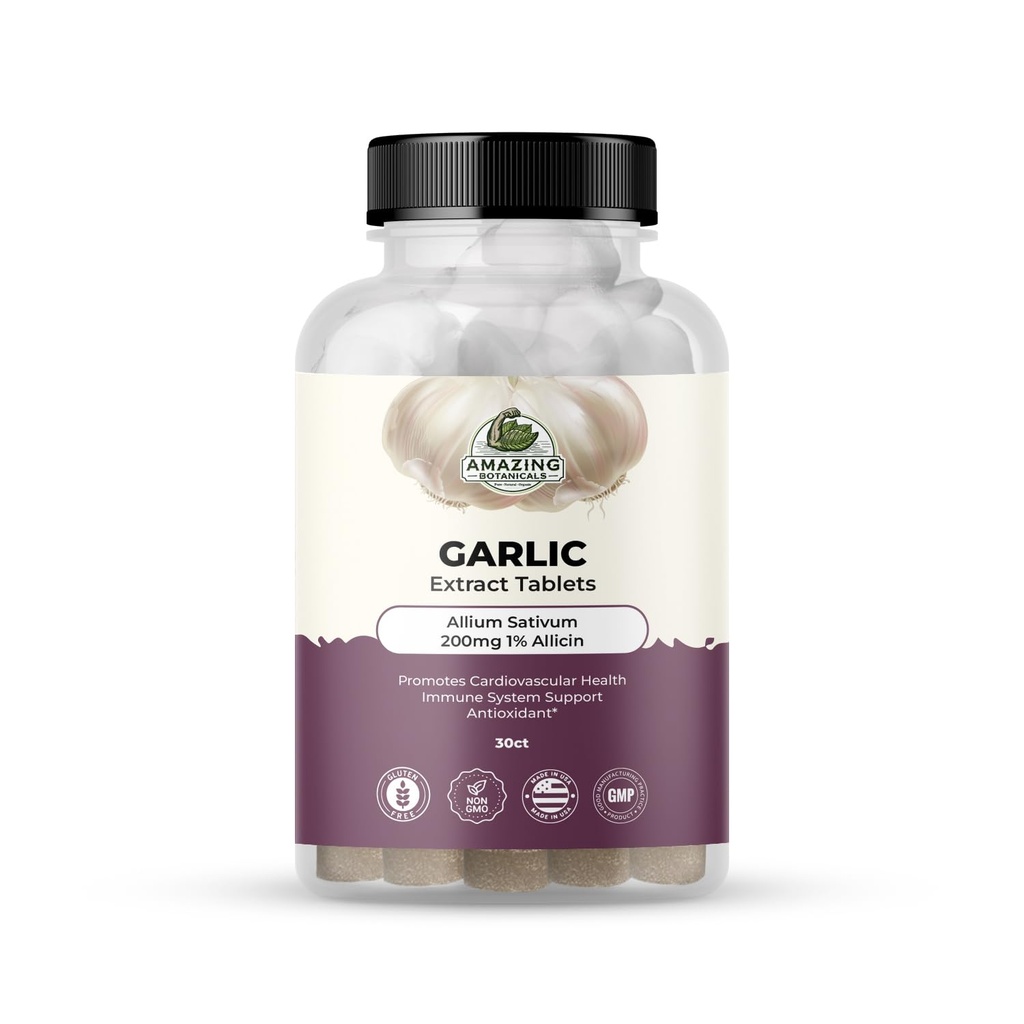 놀라운 식물 마늘 추출물 정제 - Allium Sativum 200mg, 1 % Allicin - 웰빙과 활력을위한 높은 효능 초본 보충 - 30 카운트