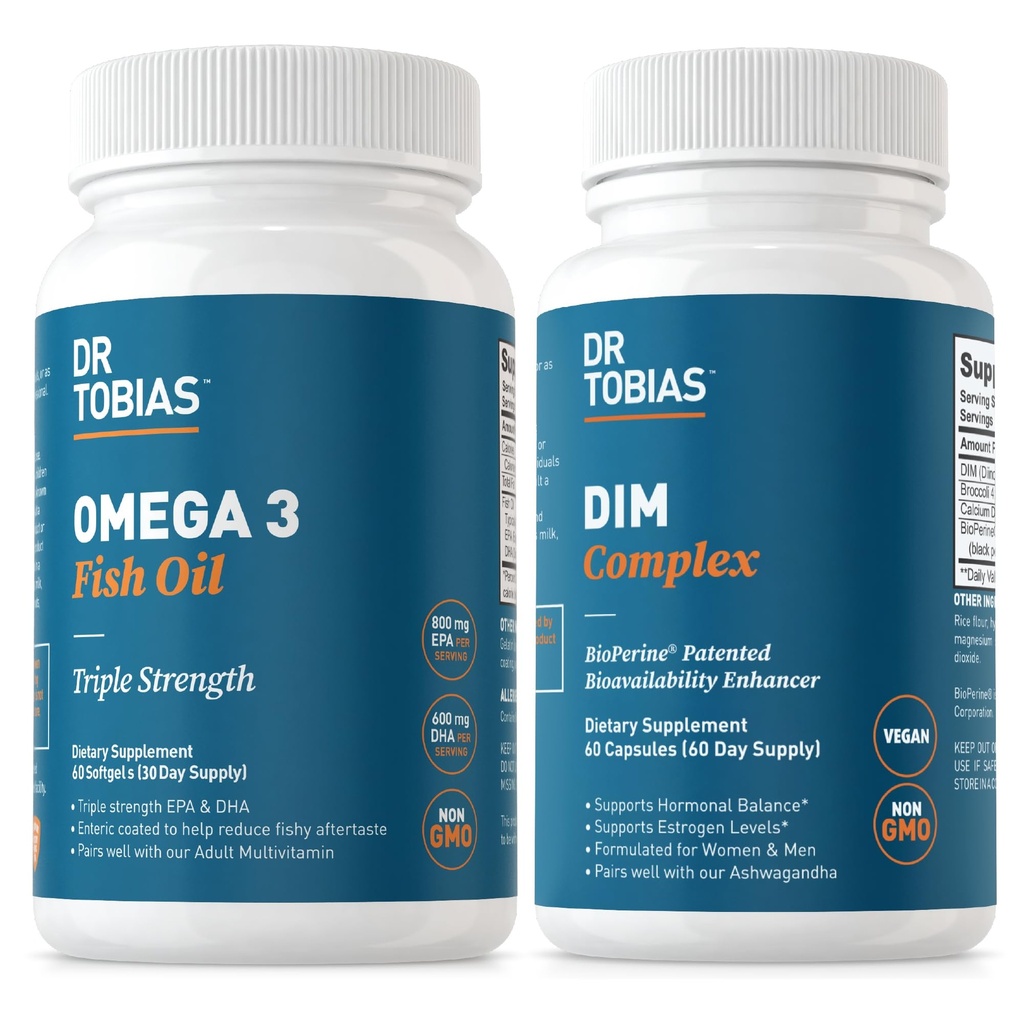 Tobias Omega 3 Fish Oil 및 DIM Complex 보충 교재, 지원 심장, BioPerine, Borccoli 추출물 & 칼슘 D-Glucarate, 60 캡슐을 가진 여자 & 남자를 위한 뇌 면역 기능 및 호르몬 균형
